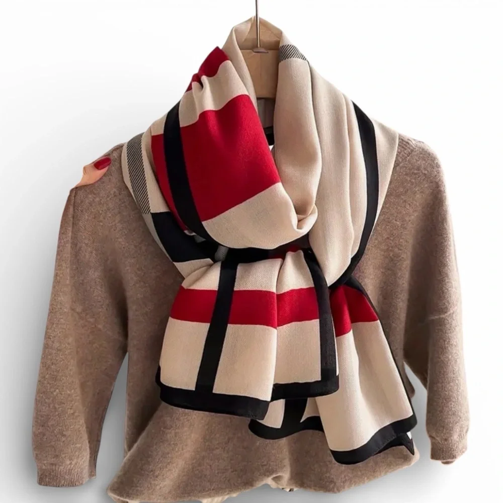 Luxurious Plaid Shawl/Scarf In Cream with Red, Gray and Black New